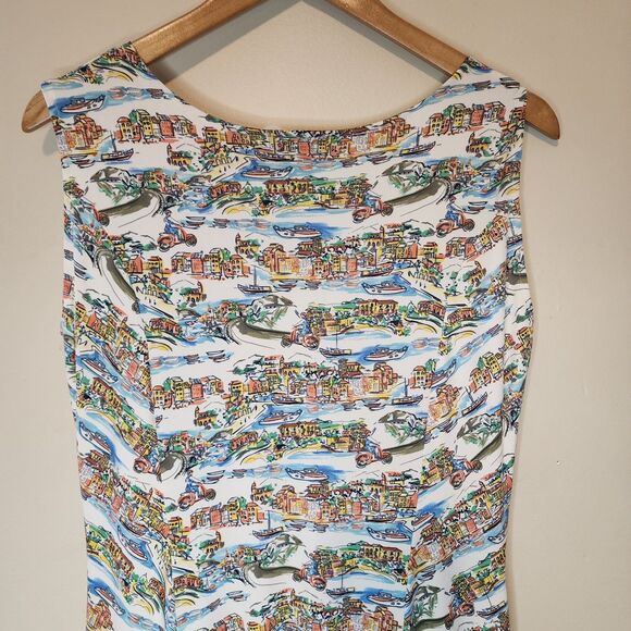 Vintage Karina Dress Italian Venice Scenic Print Vacation Boho Womens Large - Picture 9 of 16